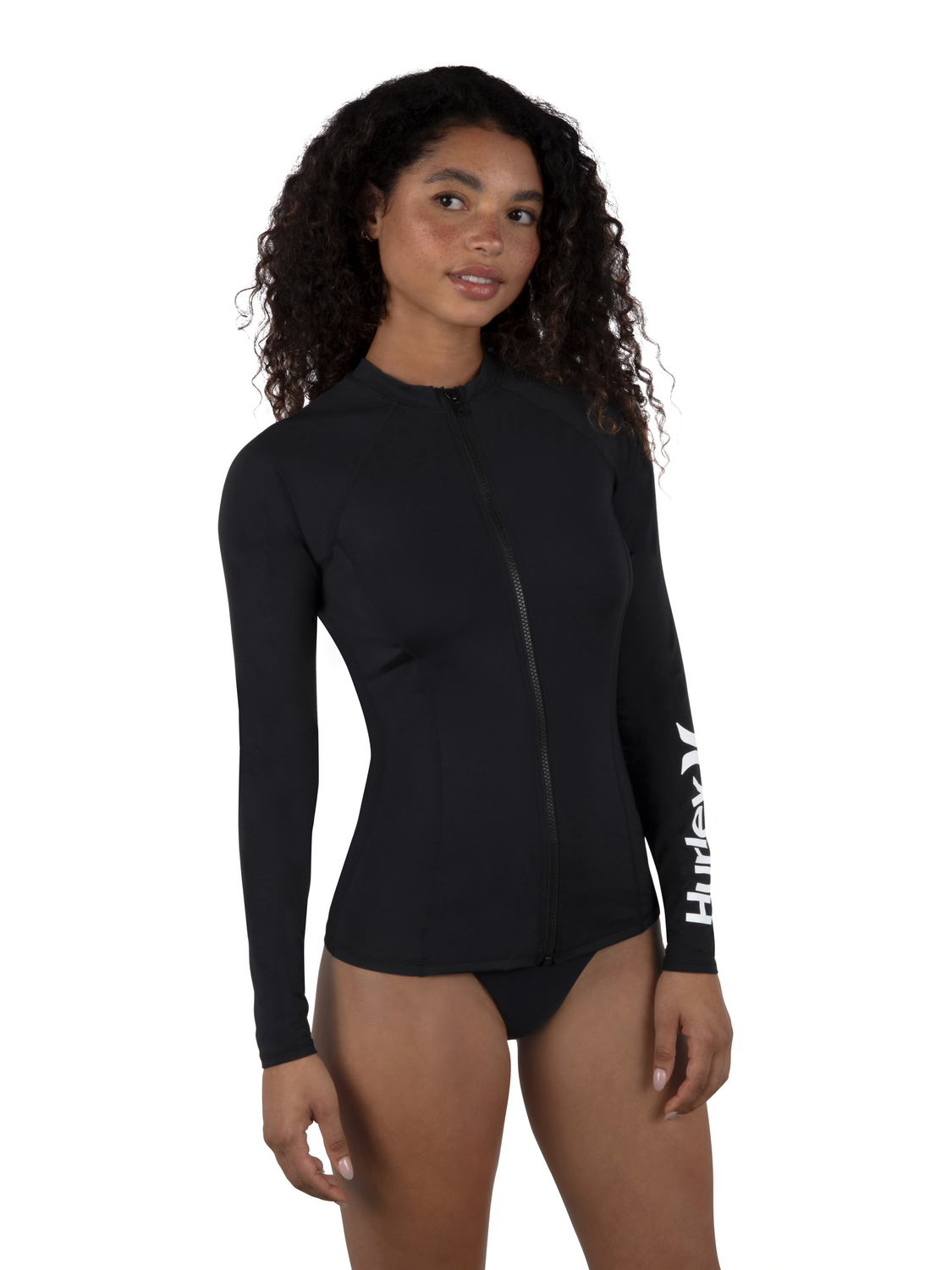 One and Only Solid Long Sleeve Zip Front Rashguard in Black