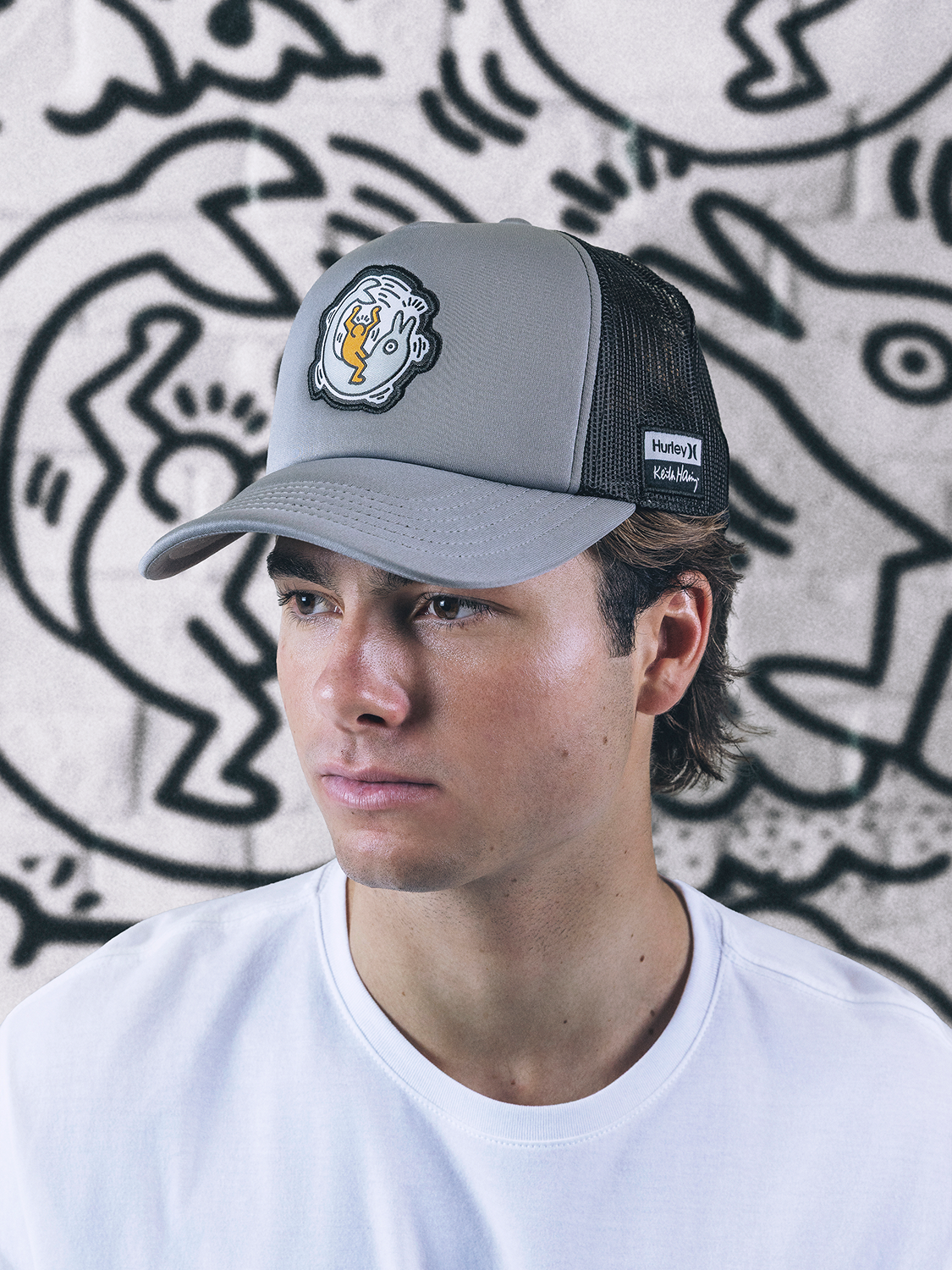 Hurley x Keith Haring Drop In Trucker Hat in Wolf Grey