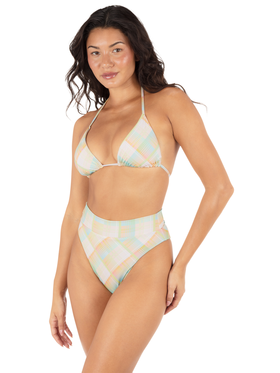 Vacay Plaid Cheeky High Waist Bottom in Vacay Plaid / Electric Lime