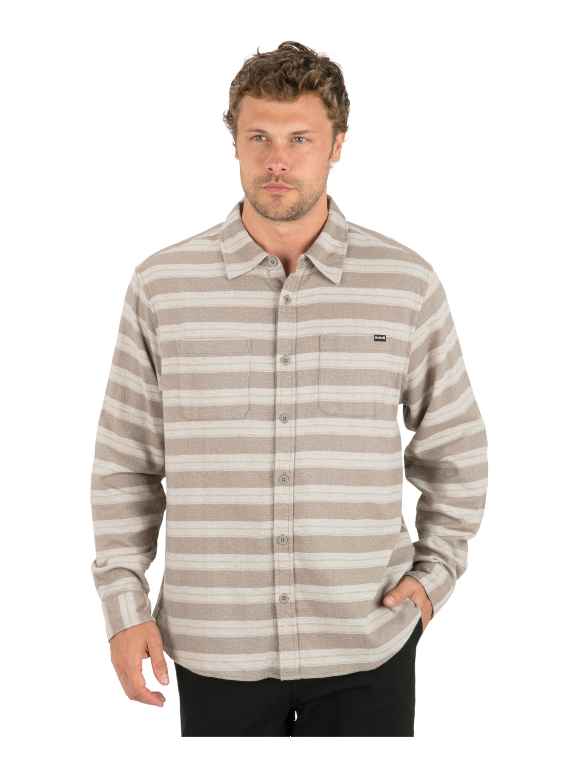 Eugene Stripe Flannel Long Sleeve in Olive Grey