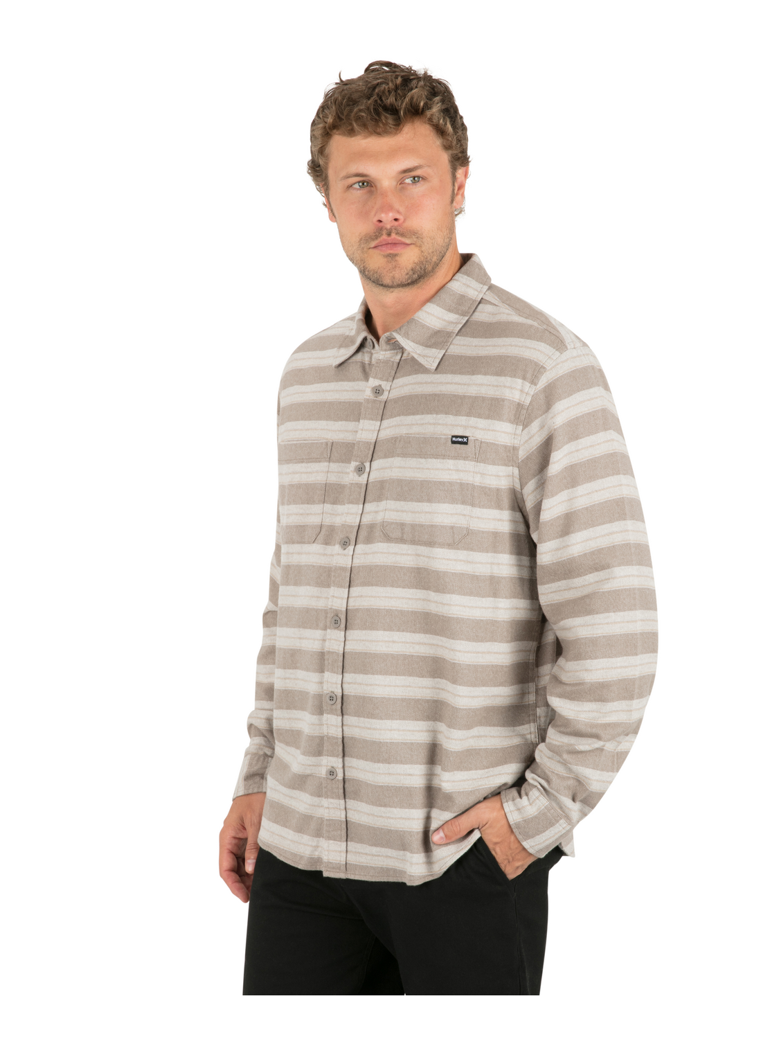Eugene Stripe Flannel Long Sleeve in Olive Grey