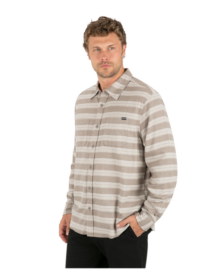 Eugene Stripe Flannel Long Sleeve in Olive Grey