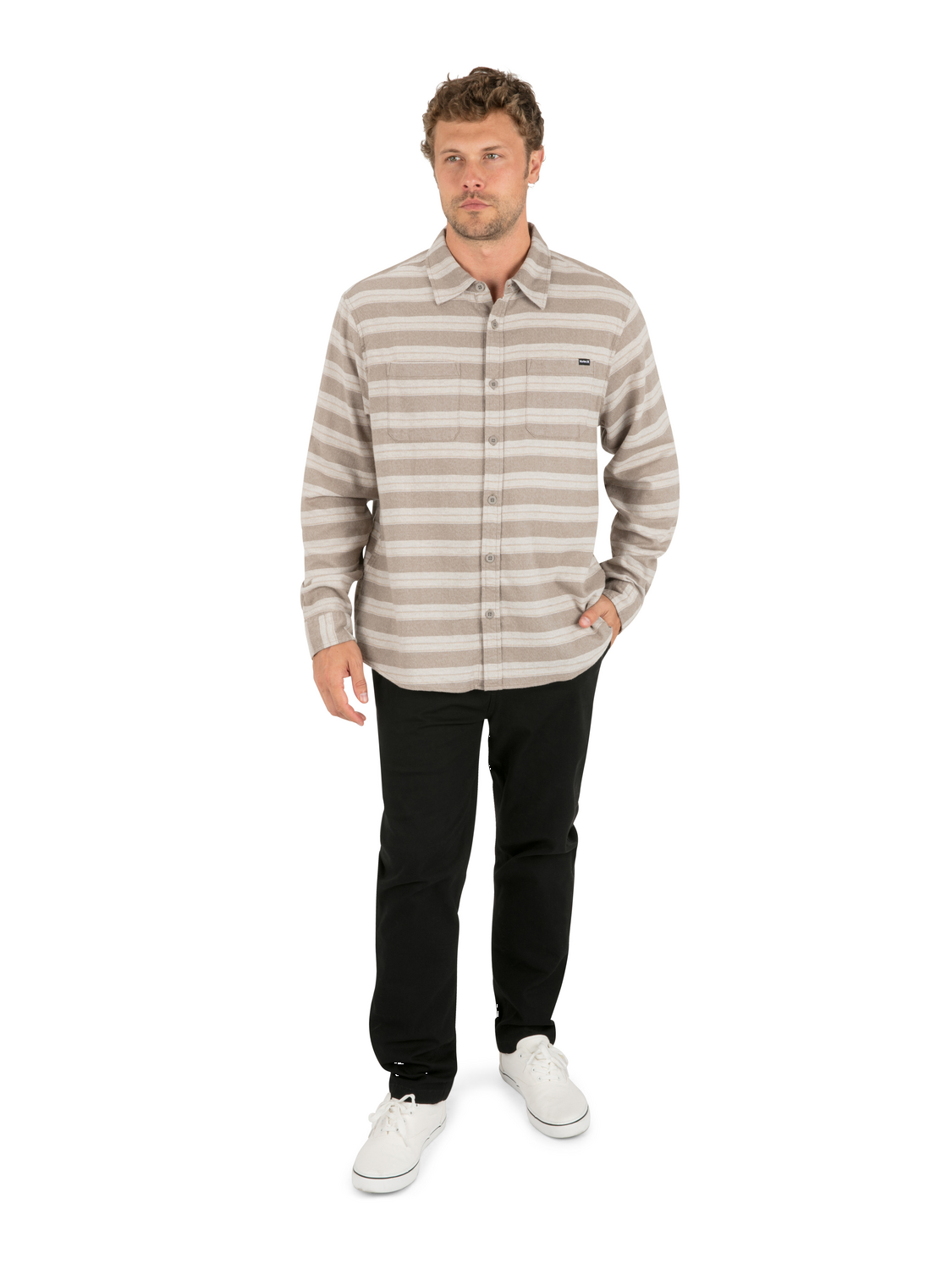 Eugene Stripe Flannel Long Sleeve in Olive Grey