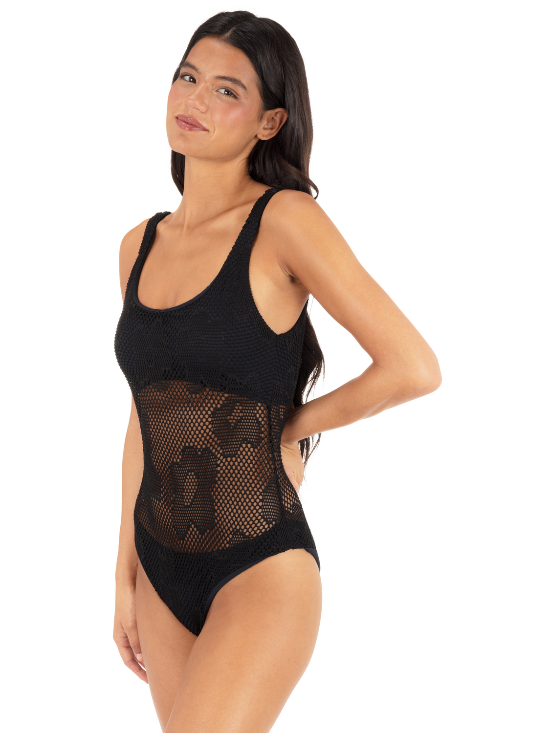 Daisy Mesh Moderate One Piece in Daisy Mesh / Black