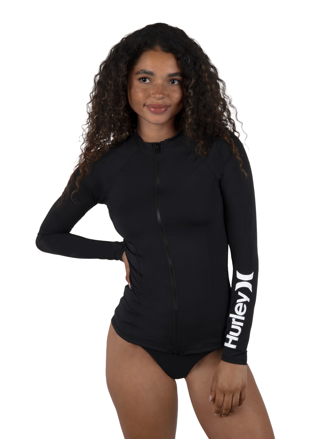 One and Only Solid Long Sleeve Zip Front Rashguard in Black