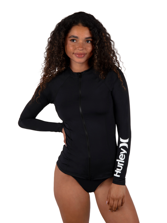 One and Only Solid Long Sleeve Zip Front Rashguard in Black
