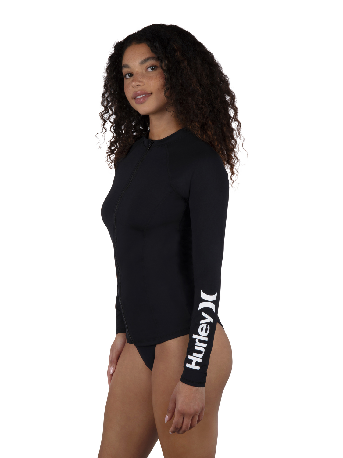 One and Only Solid Long Sleeve Zip Front Rashguard in Black