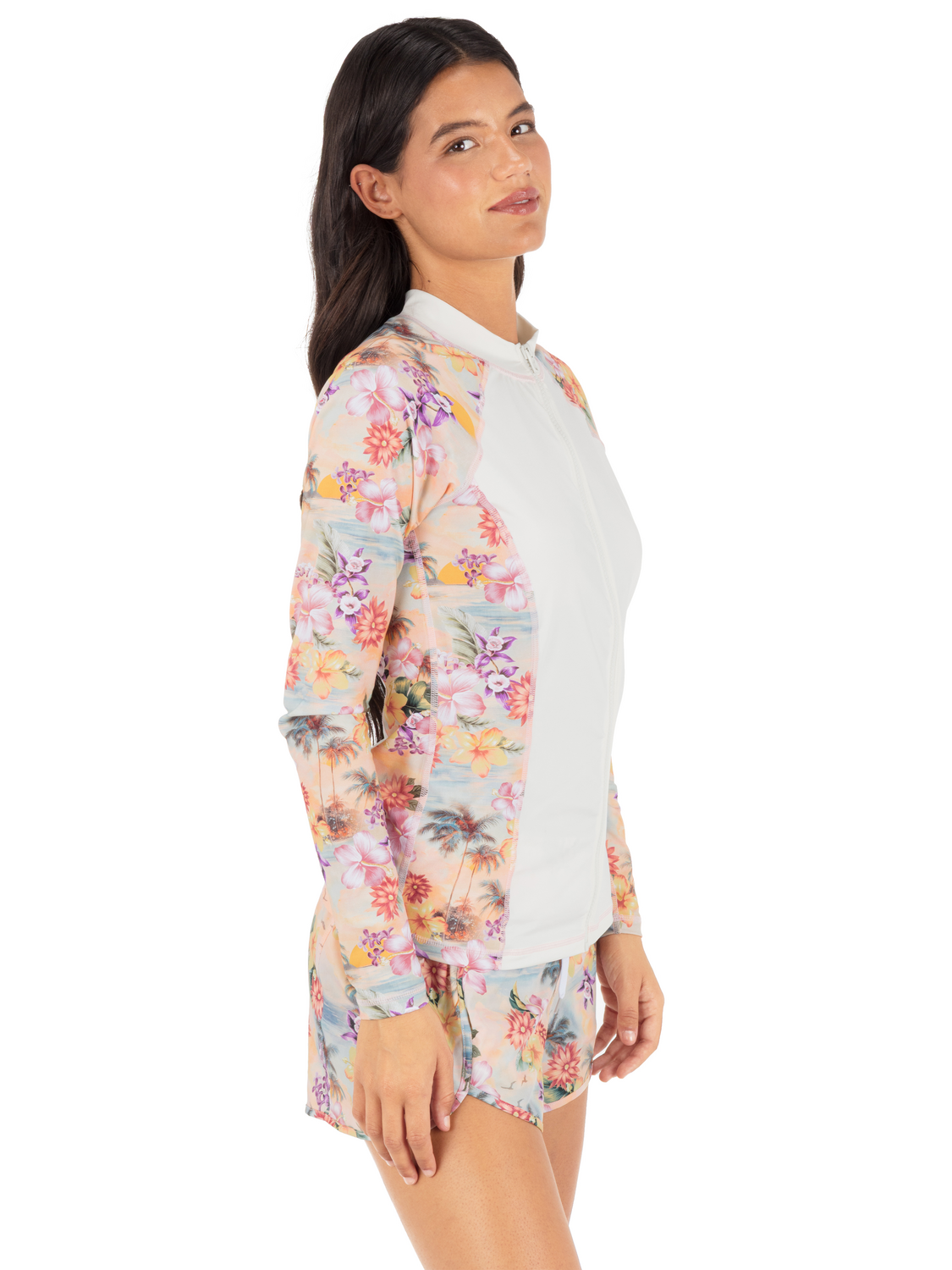Scenic Sunset Long Sleeve Front Zip Rashguard in Scenic Sunset / Mystic Dawn