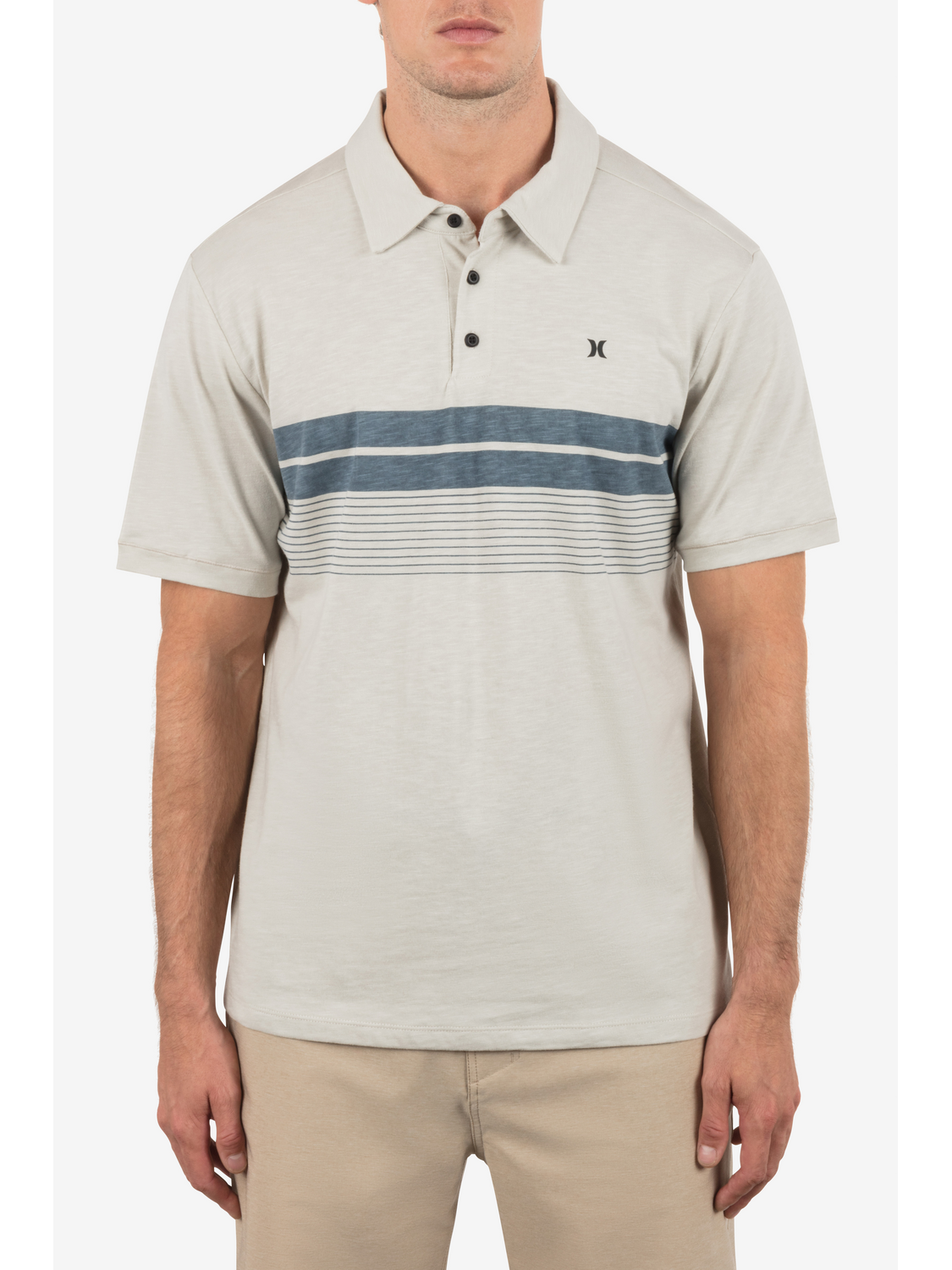 Printed Stripe Slub Short Sleeve Polo in Bone