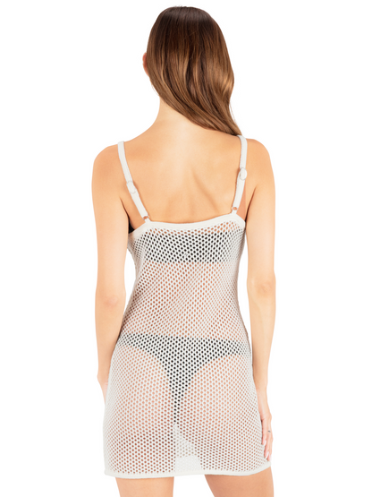 Embroidered Crochet Mini Dress in Egret