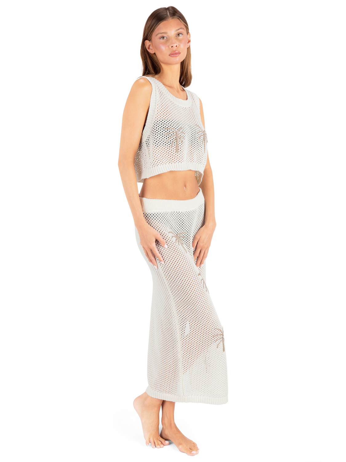 Embroidered Crochet Skirt in Egret