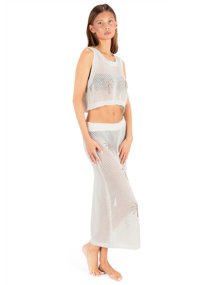 Embroidered Crochet Skirt in Egret