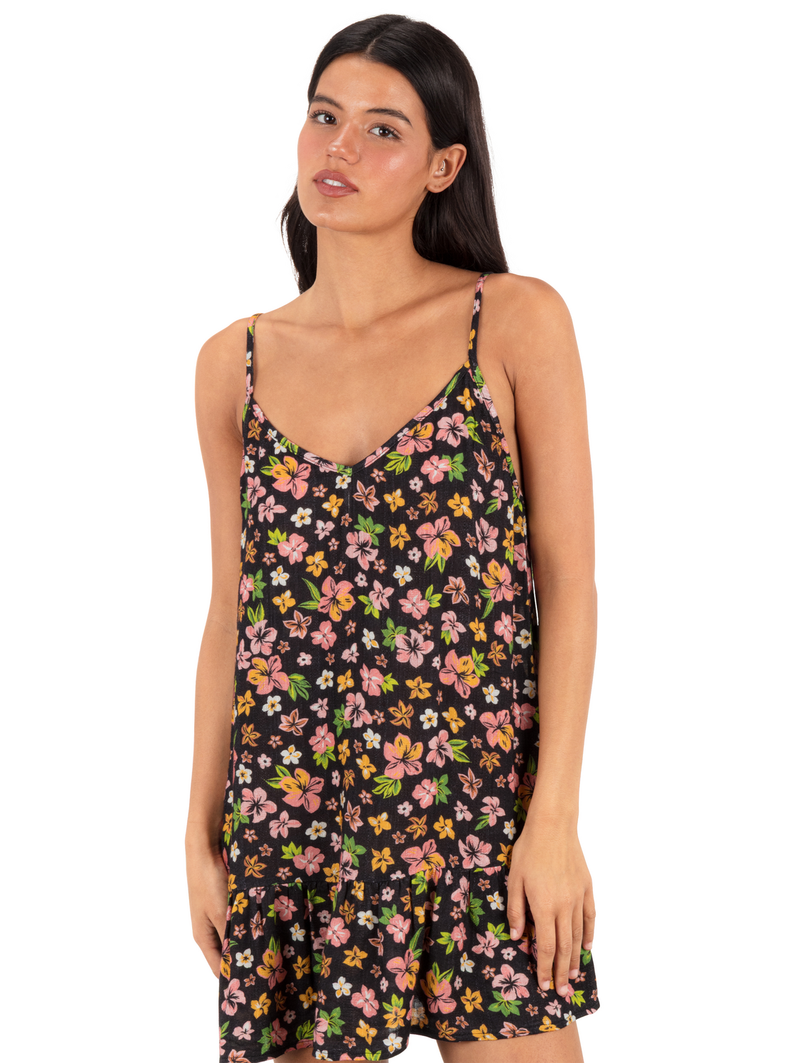 Hibiscus Dream V Neck Mini Dress in Black Floral