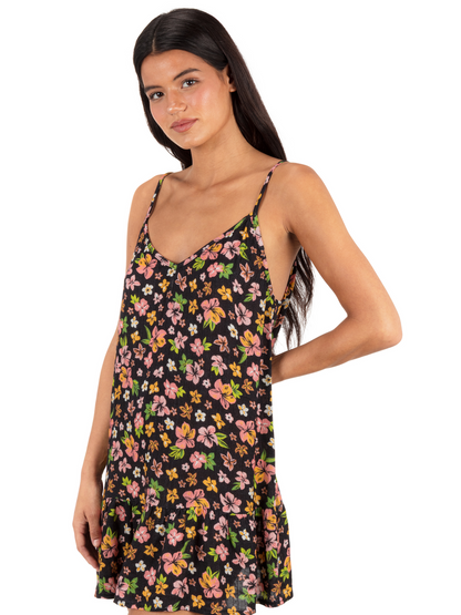 Hibiscus Dream V Neck Mini Dress in Black Floral