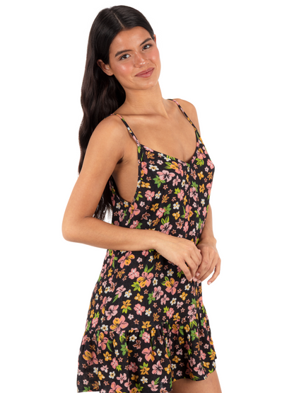 Hibiscus Dream V Neck Mini Dress in Black Floral
