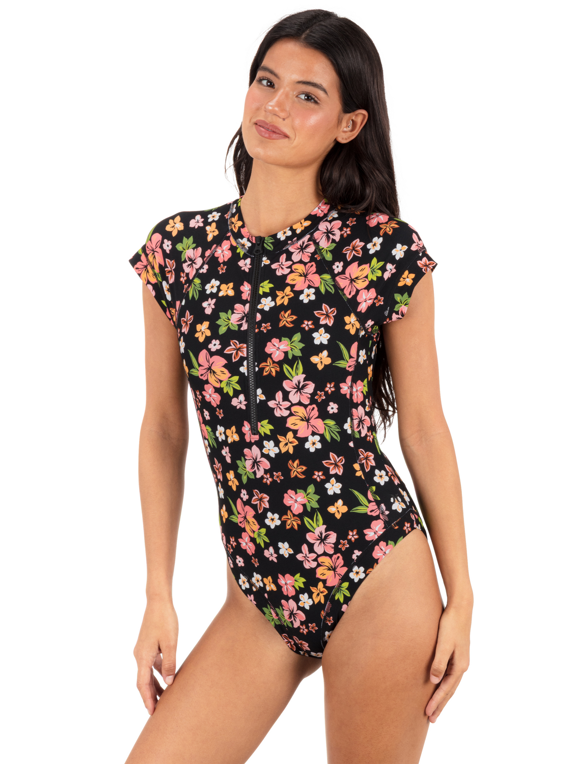 Max Hibiscus Dream Cheeky Short Sleeve Surfsuit in Black Floral