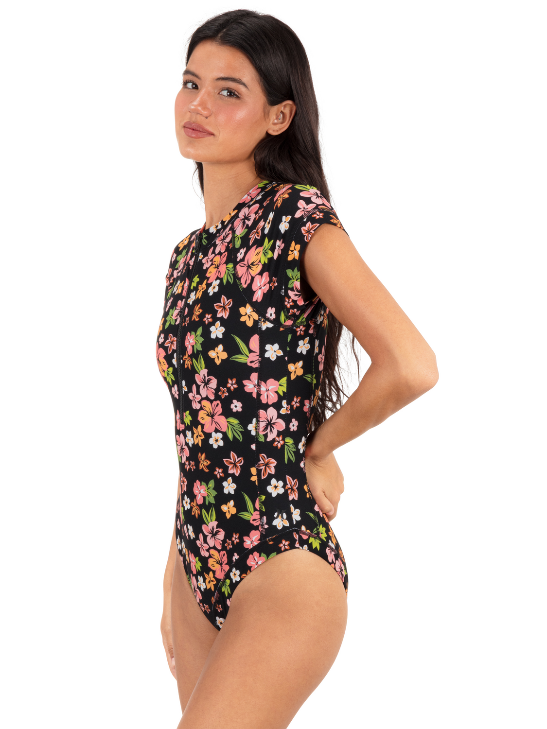 Max Hibiscus Dream Cheeky Short Sleeve Surfsuit in Black Floral