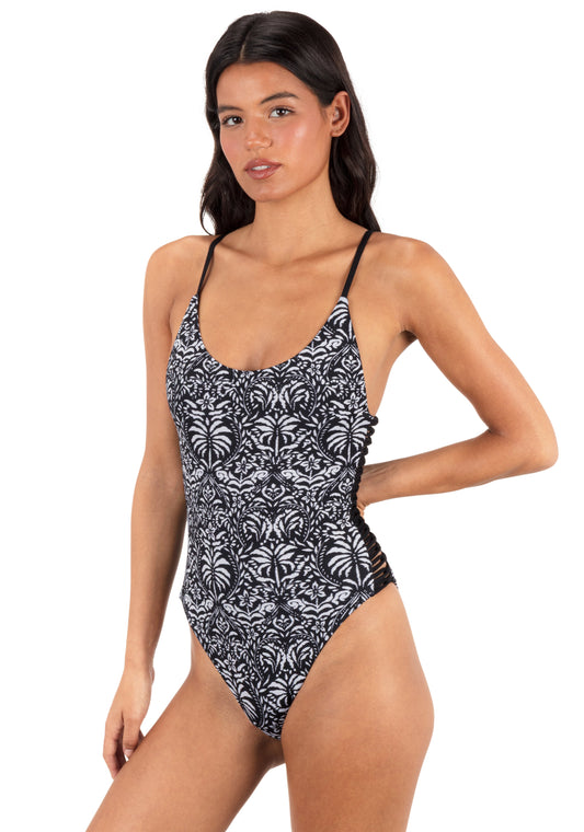 Ikat Palm Moderate One Piece in Black / Coconut