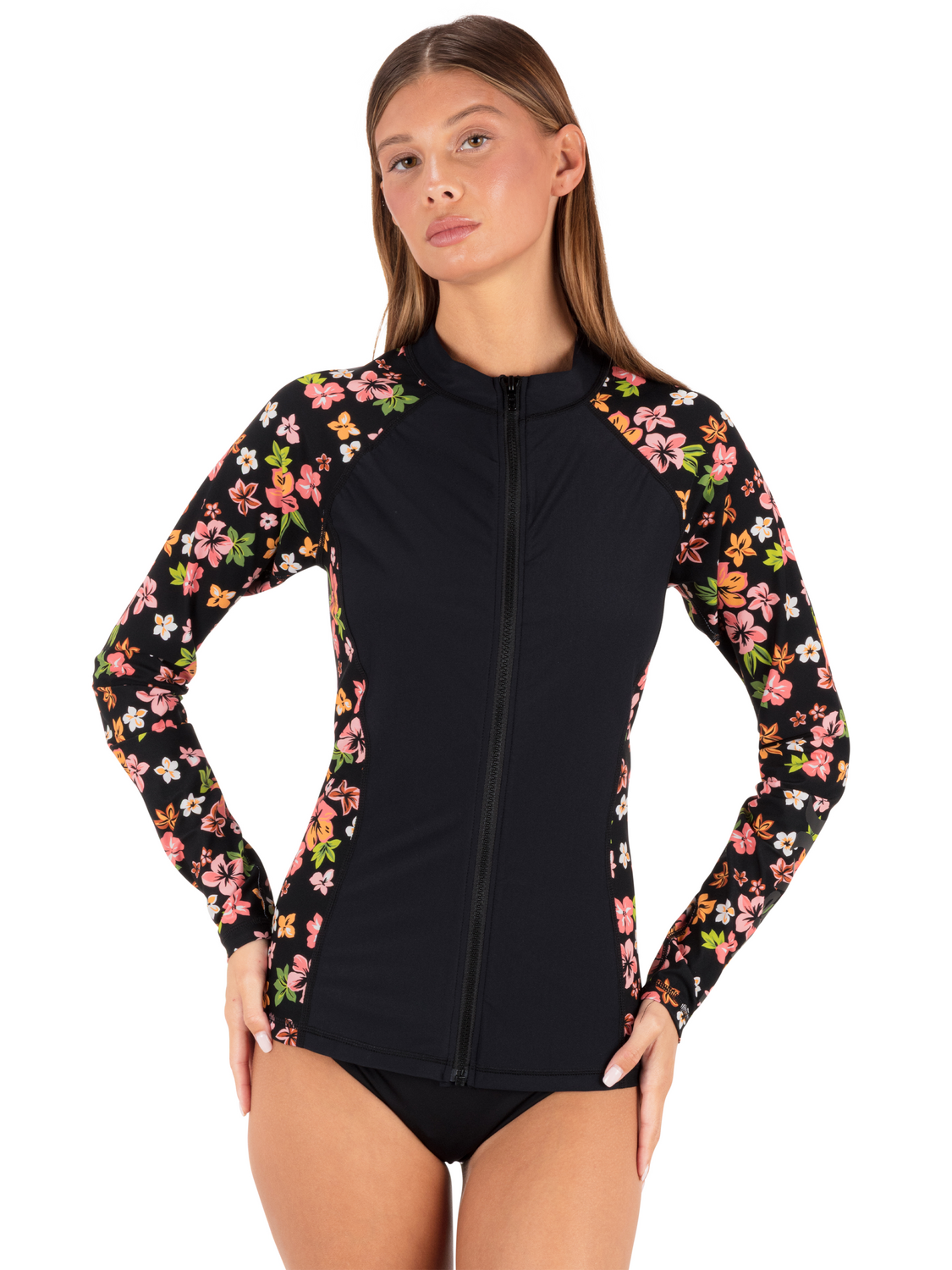 Hibiscus Dream Long Sleeve Front Zip Rashguard in Black Floral