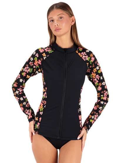 Hibiscus Dream Long Sleeve Front Zip Rashguard in Black Floral