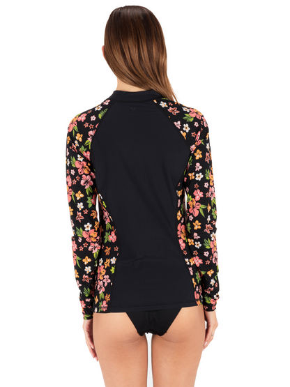 Hibiscus Dream Long Sleeve Front Zip Rashguard in Black Floral