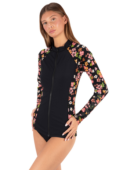 Hibiscus Dream Long Sleeve Front Zip Rashguard in Black Floral