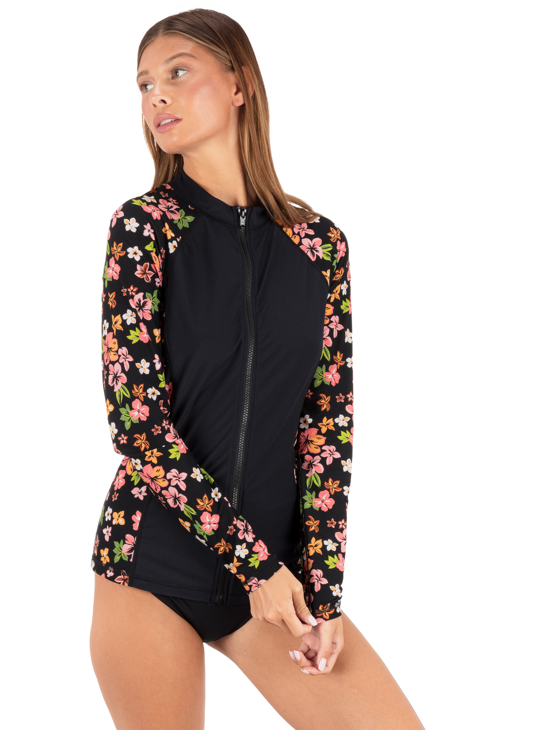 Hibiscus Dream Long Sleeve Front Zip Rashguard in Black Floral