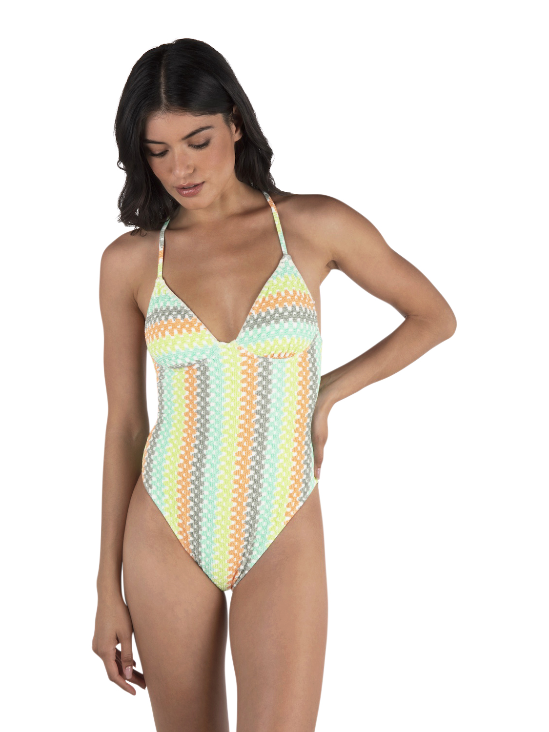 Stripe Crochet Scrunch Moderate One Piece in Sour Apple