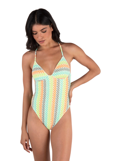 Stripe Crochet Scrunch Moderate One Piece in Sour Apple