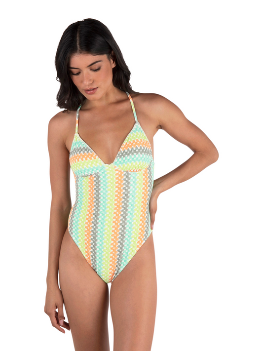 Stripe Crochet Scrunch Moderate One Piece in Sour Apple
