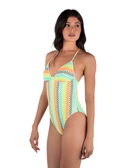 Stripe Crochet Scrunch Moderate One Piece in Sour Apple