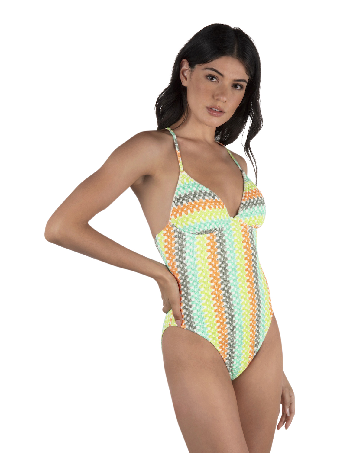 Stripe Crochet Scrunch Moderate One Piece in Sour Apple