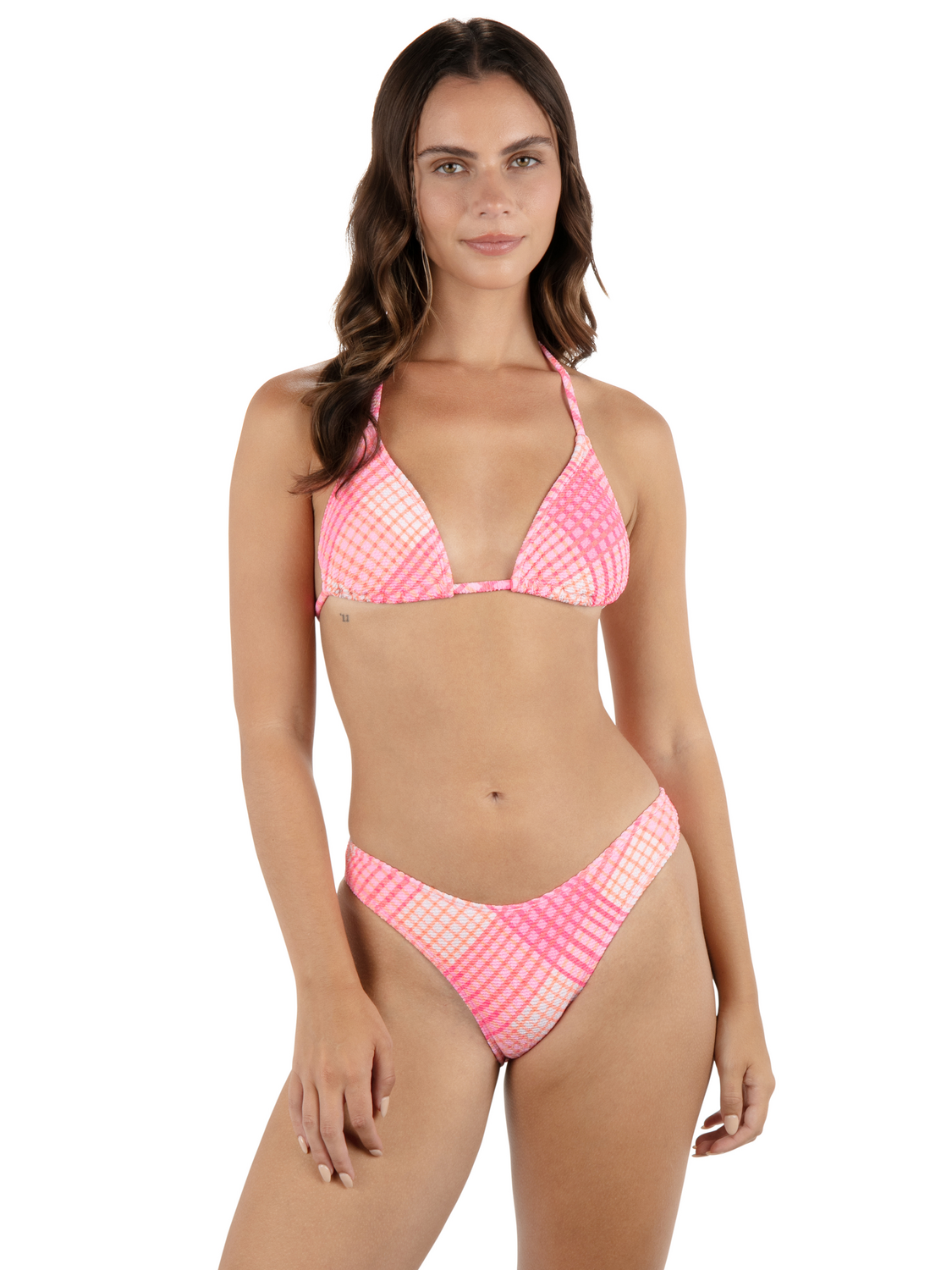 Ombre Plaid Scrunch Classic Triangle Bikini Top in Coral Blossom