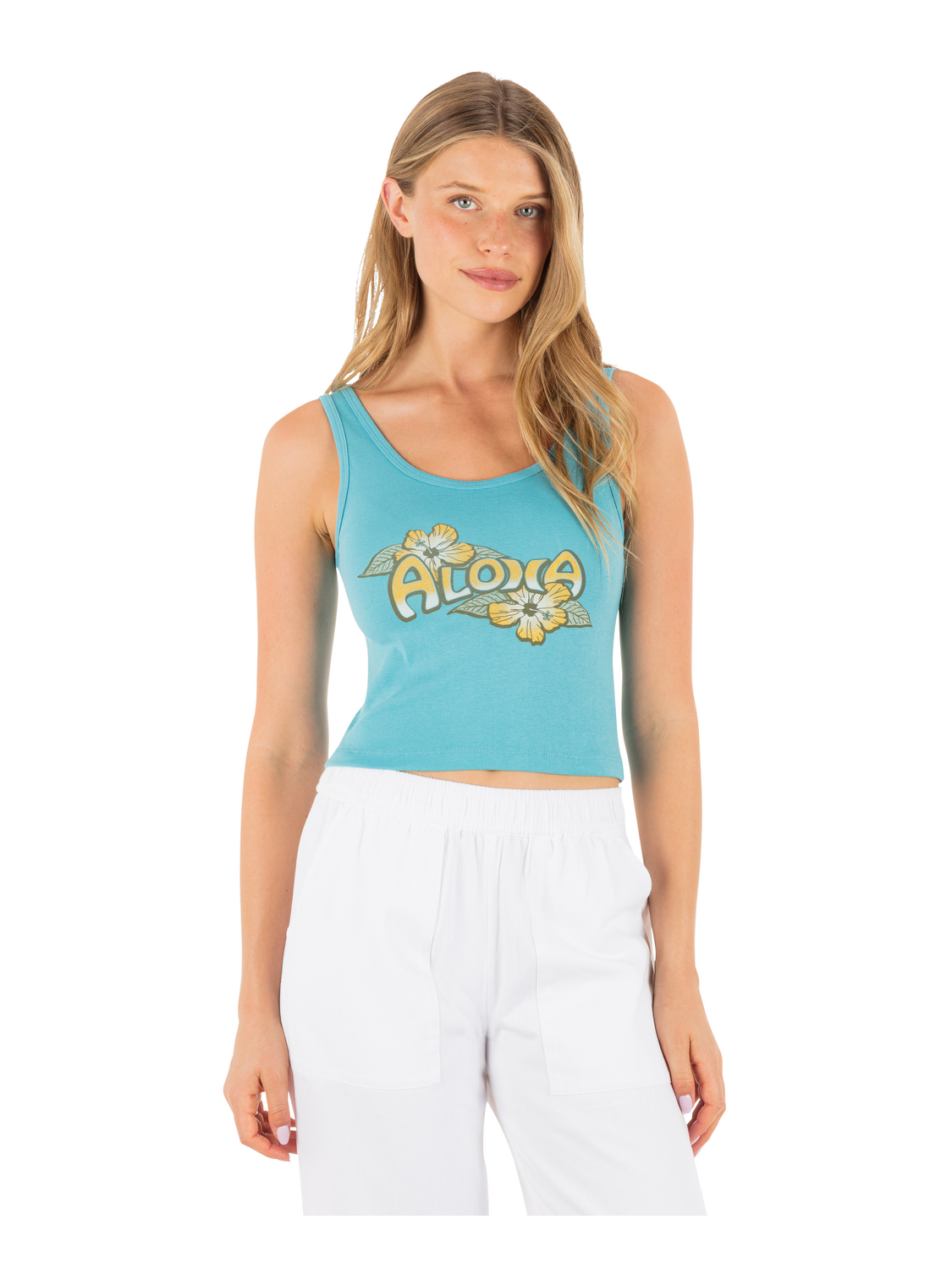 Aloha Scoop Crop Tank in Maui Blue