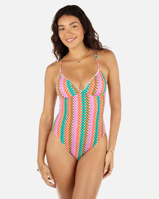 Printed Stripe Crochet Scrunch Soft Cup Moderate One Piece in Orchid