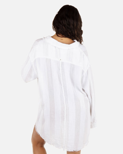 Solid Stripe Gauze Long Sleeve Button Front Shirt in White