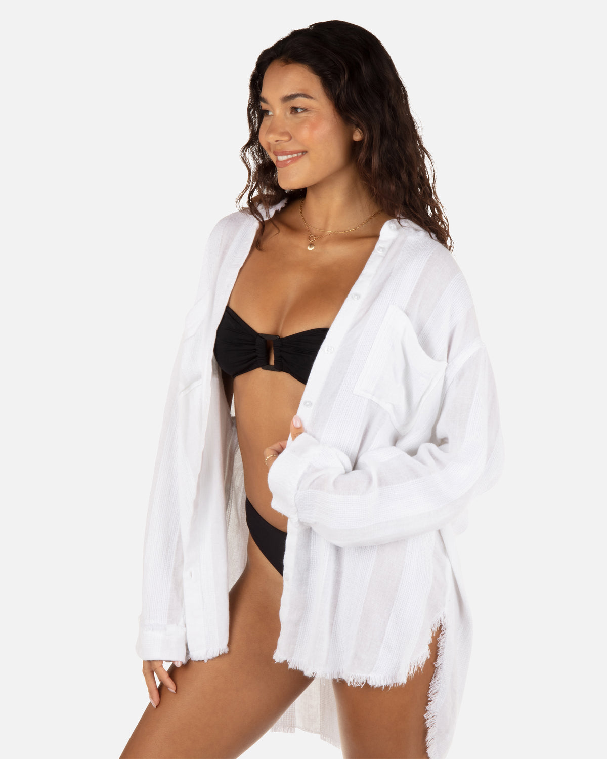 Solid Stripe Gauze Long Sleeve Button Front Shirt in White