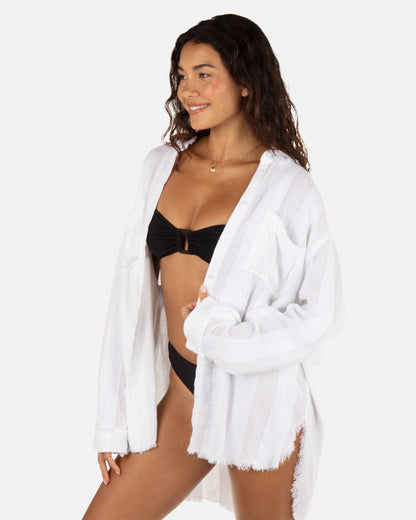 Solid Stripe Gauze Long Sleeve Button Front Shirt in White