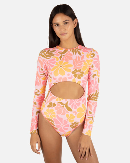 Isola Cut Out Long Sleeve Moderate Surfsuit in Coral Blossom
