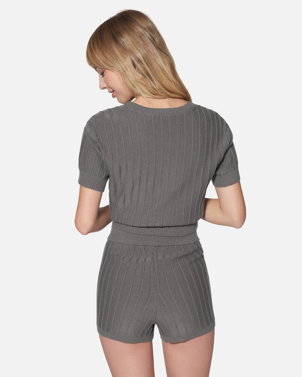 Daylight Short Sleeve Sweater Top in Charcoal Gray
