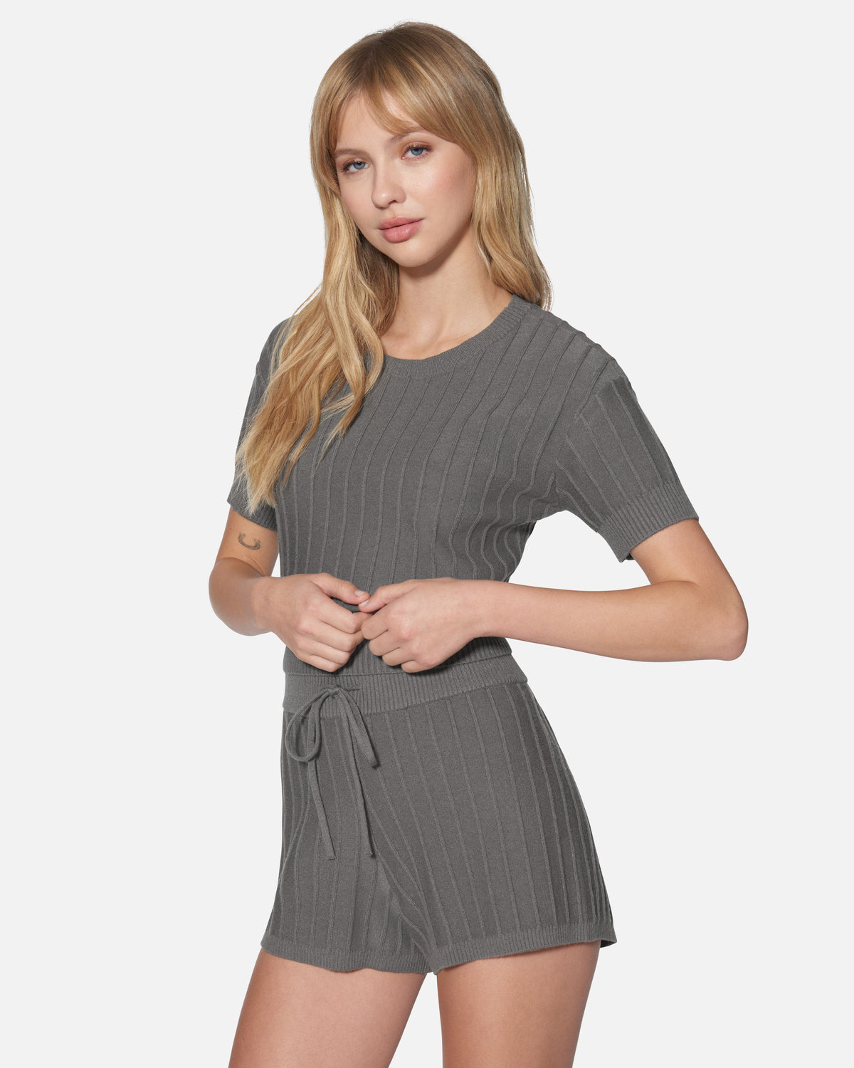 Daylight Short Sleeve Sweater Top in Charcoal Gray