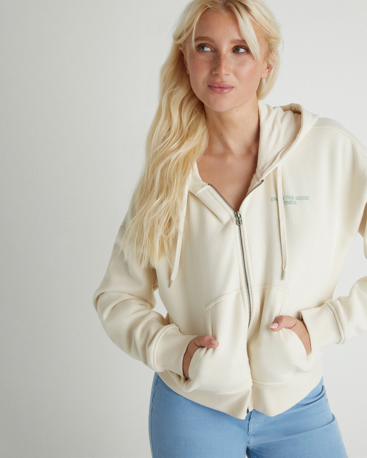 Enjoy The Good Crop Zip Hoodie in Off White
