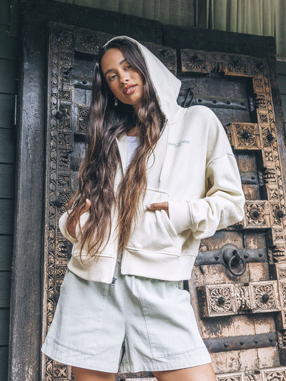 Enjoy The Good Crop Zip Hoodie in Off White