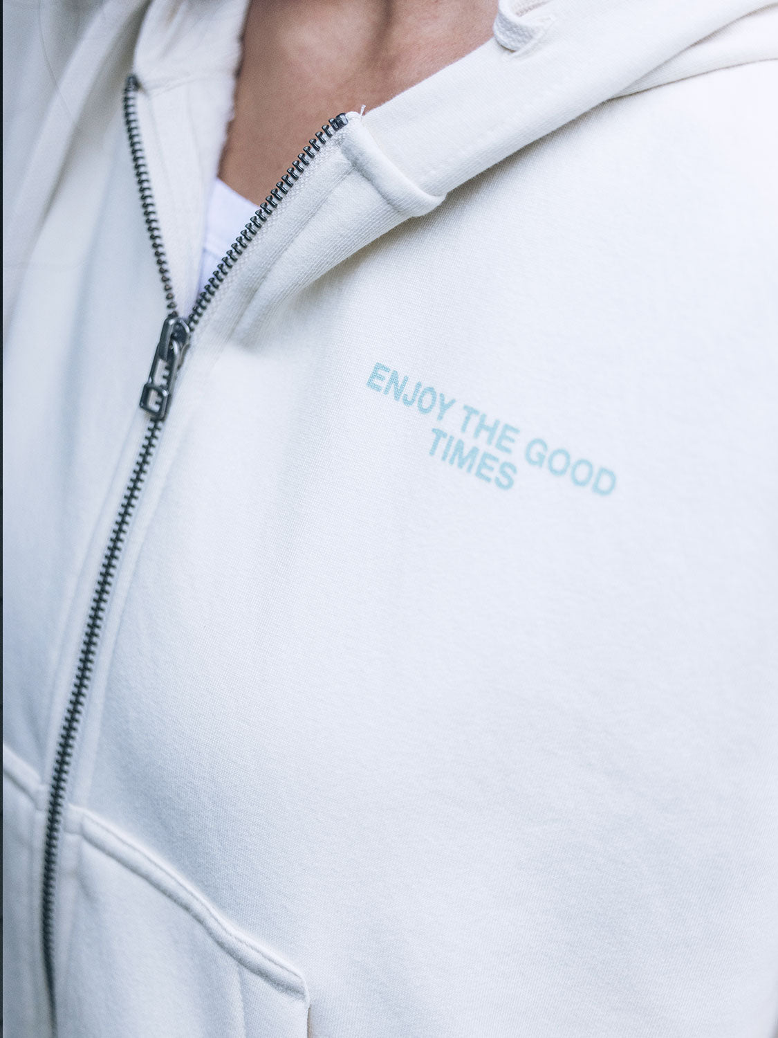 Enjoy The Good Crop Zip Hoodie in Off White