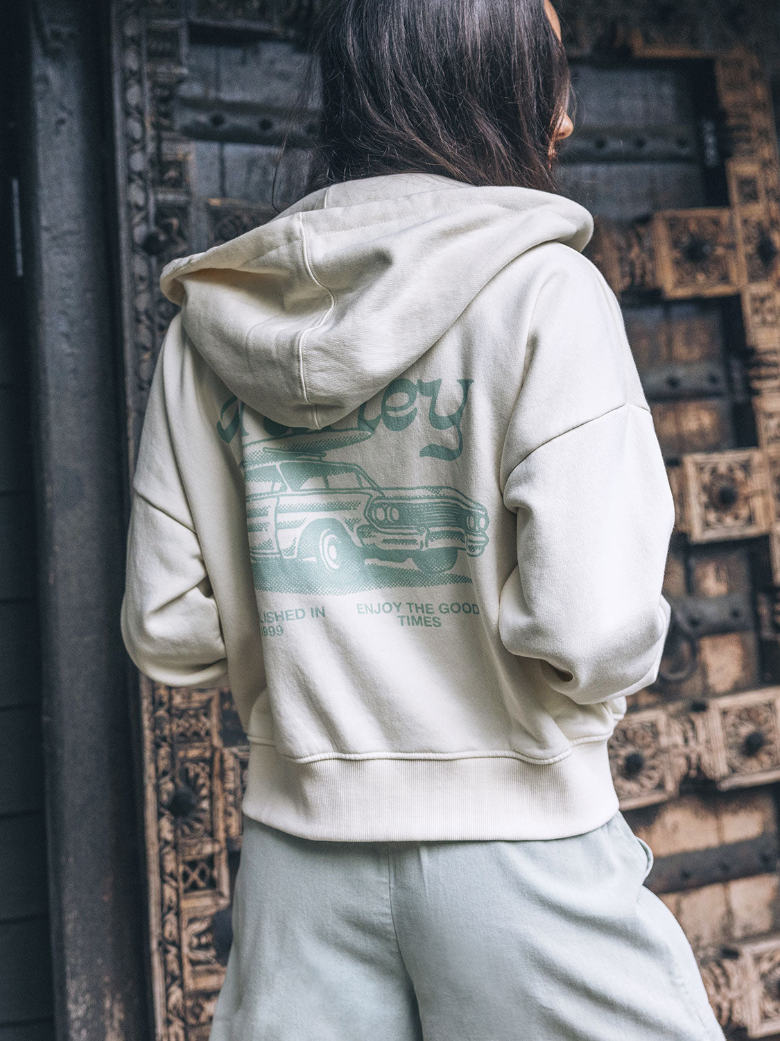 Enjoy The Good Crop Zip Hoodie in Off White