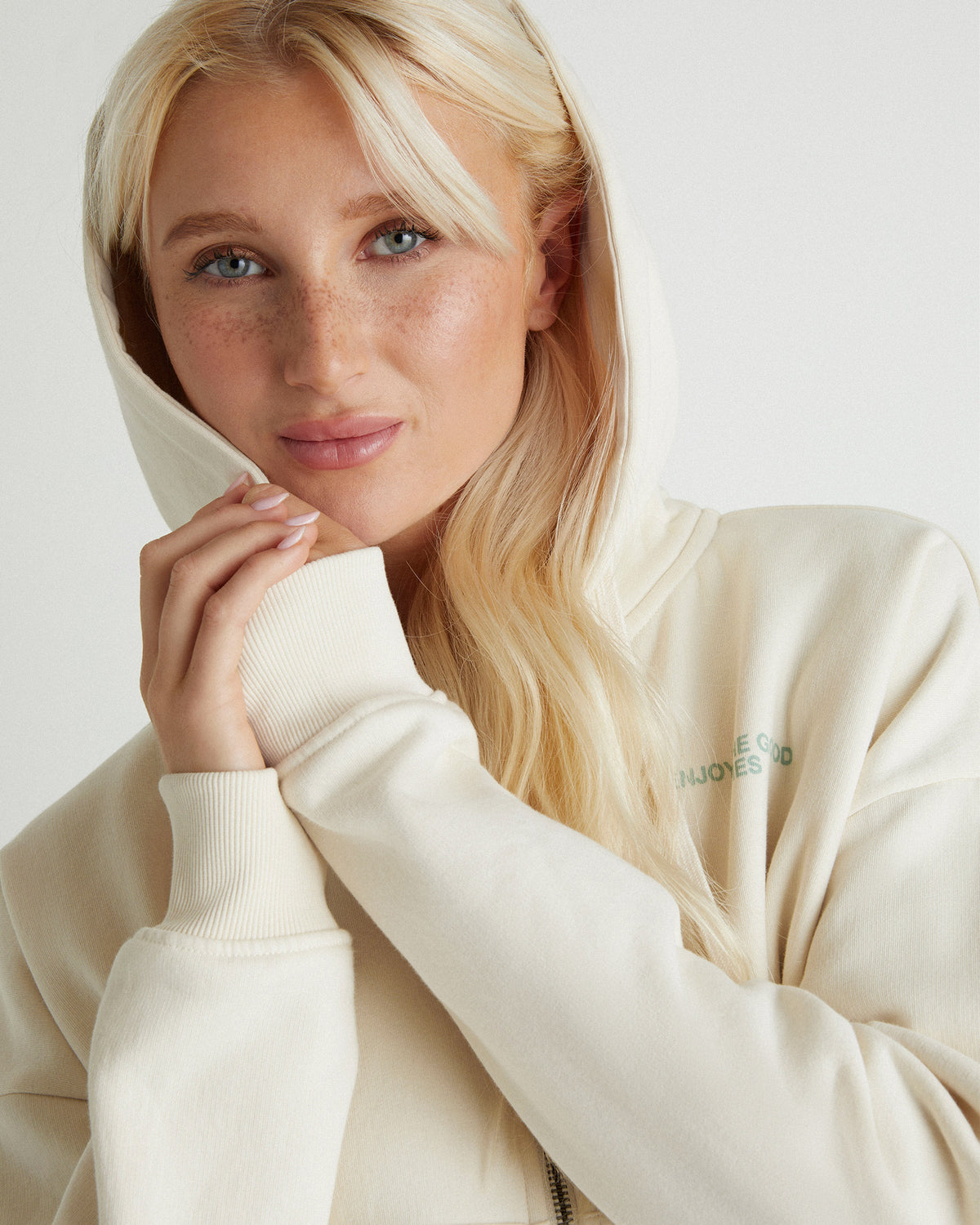 Enjoy The Good Crop Zip Hoodie in Off White