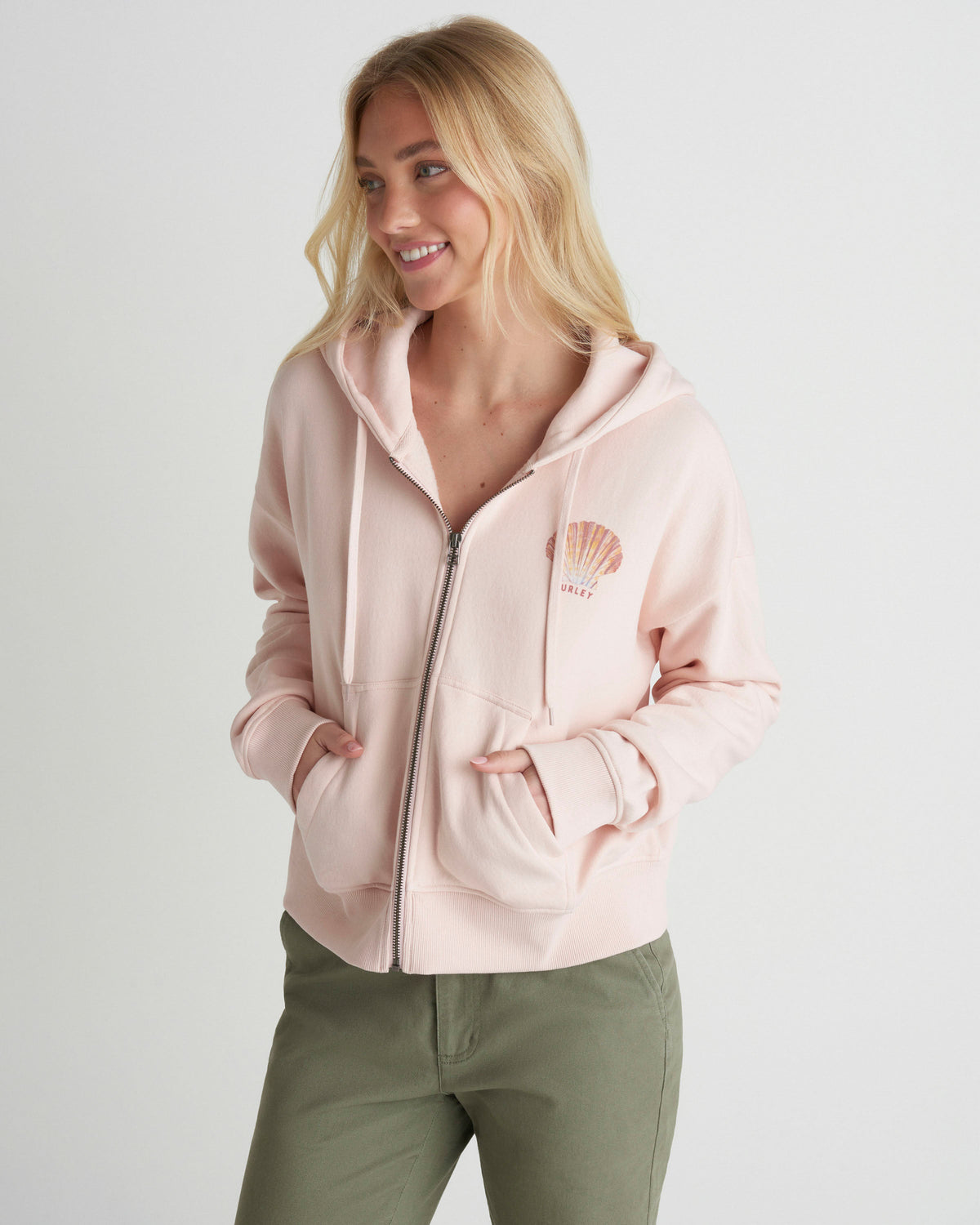 Shell Yeah Crop Zip Hoodie in Seashell Pink