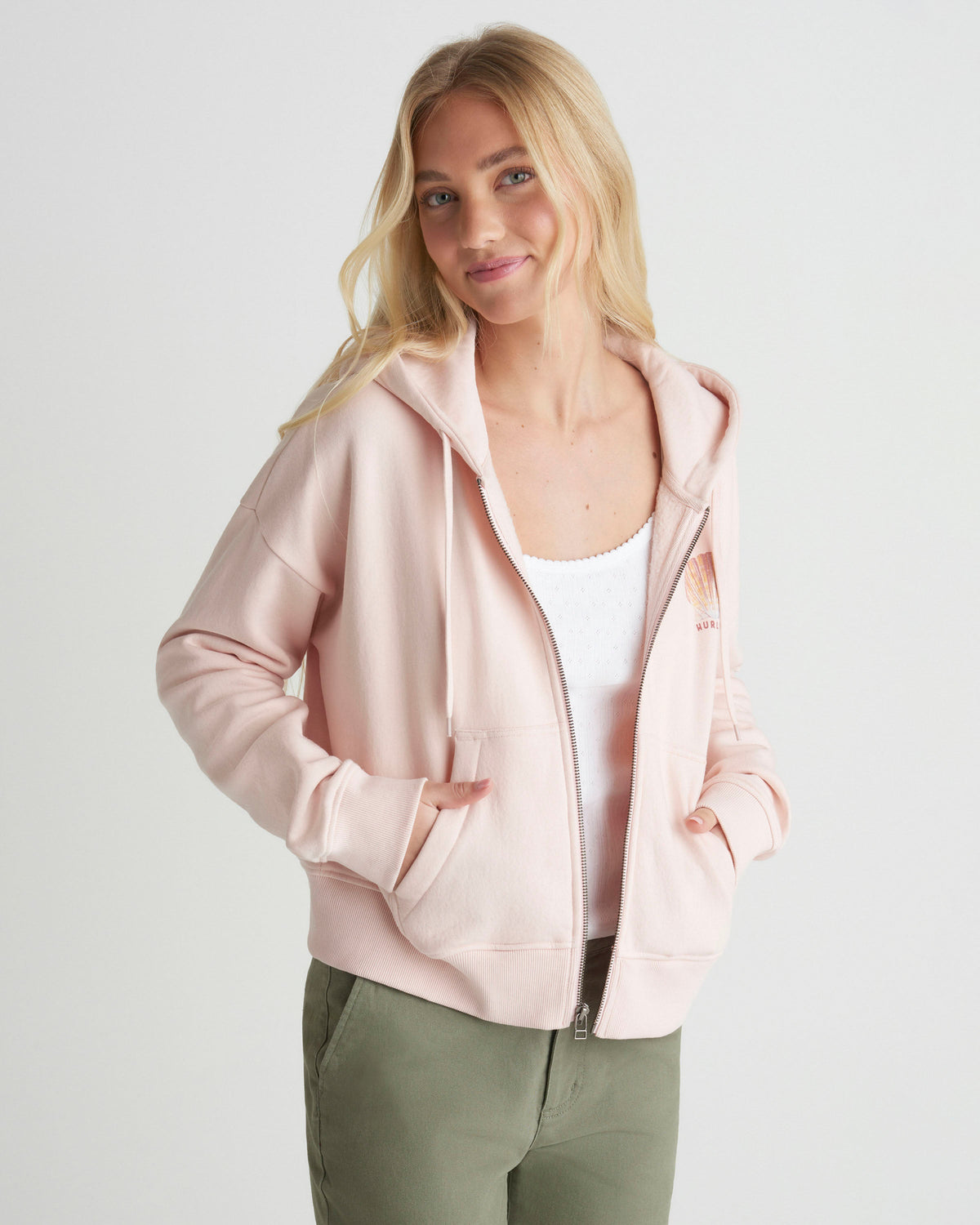 Shell Yeah Crop Zip Hoodie in Seashell Pink